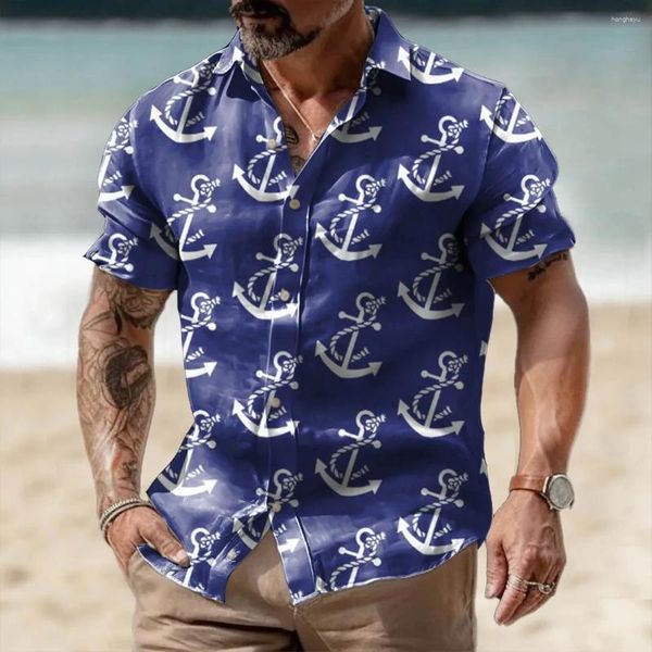 Мужские повседневные рубашки 2024 Гавайская рубашка с 3D принтом якоря для пляжного отдыха с короткими рукавами, летняя крутая и дышащая футболка большого размера