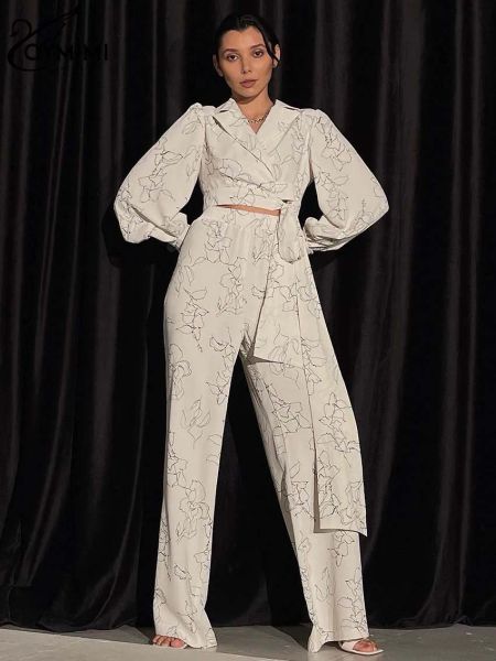 Anzüge Oymimi Mode Beige Drucken Zweiteilige Set Für Frauen Elegante Langarm LaceUp Crop Blusen Und Hohe Taille Gerade Hosen Sets