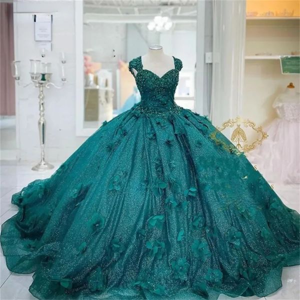 Yeni D Flowers Ball Roo Quinceanera Elbiseleri Teal Yeşil Balo Mezuniyet Elbisesi Dantel Yukarı Korse Prenses Tatlı Elbise Vestidos