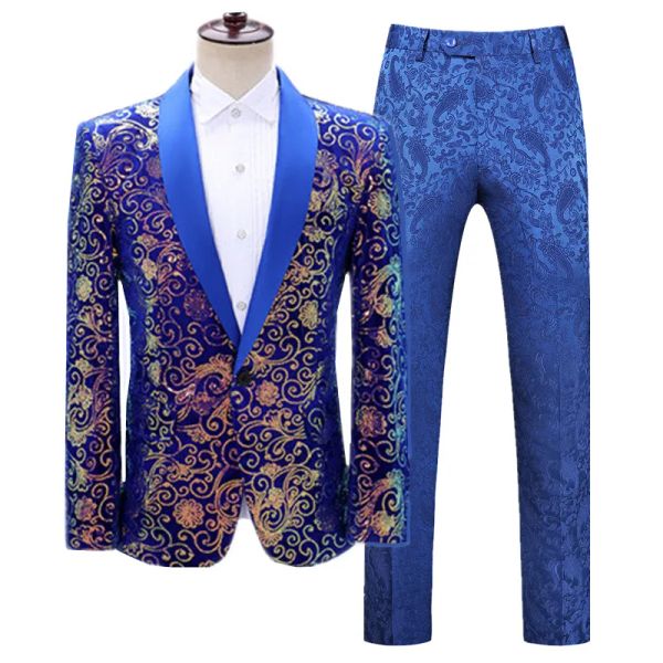 Ternos novos homens de luxo negócios festa casamento terno azul/preto moda cantor anfitrião palco desempenho vestido lantejoulas blazer pant