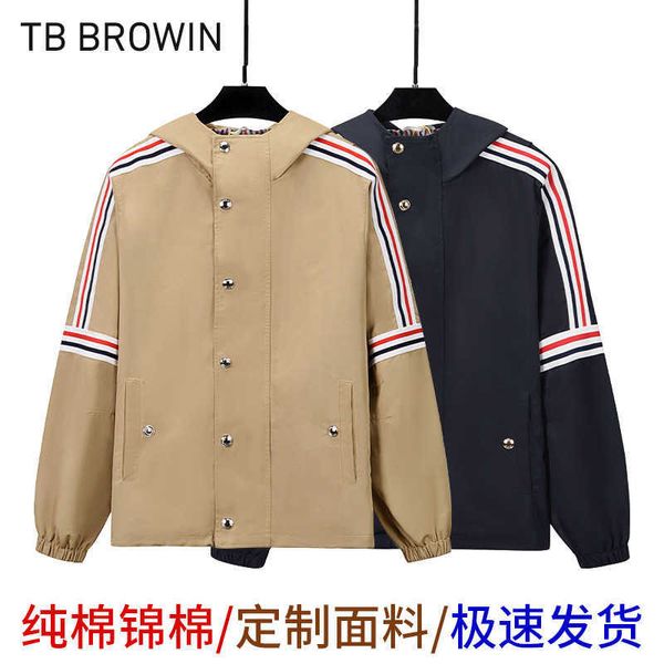 Herrenjacken TB Browin New Herbst Winter Casual Jacke koreanische rot weiß blaue Streifenmantel mit Kapuze mit Doppelbreauted Jacke