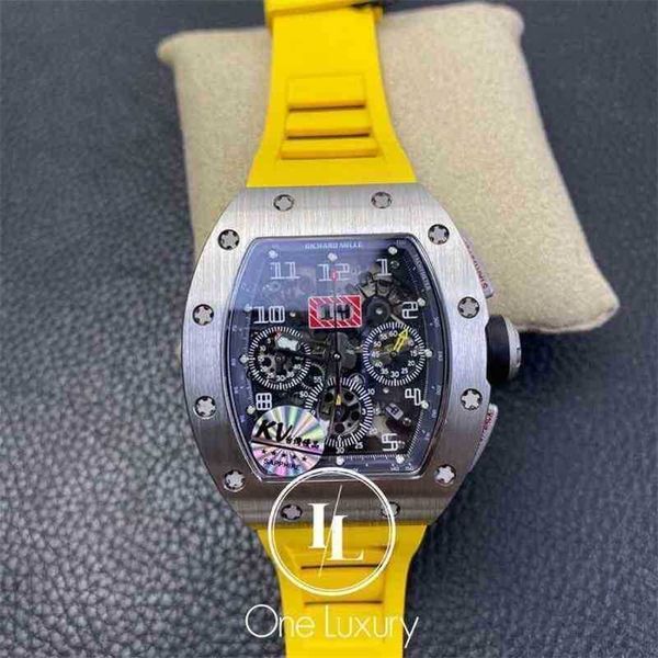 RicharsMilles Designer Luxury Mens Orologi meccanici Orologio da polso Orologio 011 Rm11-03 Felipe Massa Cronografo Flyback Cassa in titanio su giallo con scatola JU94