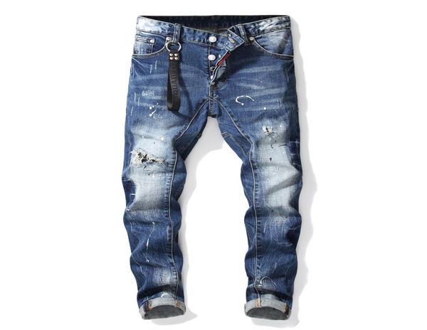 Novo estilo jeans masculino casual rasgado hip hop calças pintura azul reta jeans para masculino angustiado denim calças personalidade streetwea3844545