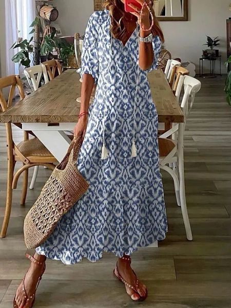 Kleid 2024 Spring Bohemian Women Kleid Kleid Lange Print Vneck Kurzärmele elegante Kleider weibliche Sommer neue lässige Strandkleidung Damen Damen