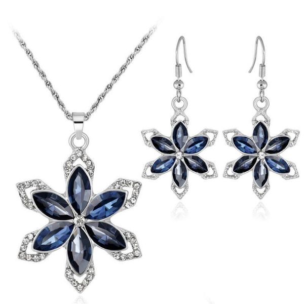 Orecchini Collana Collana di fiori Orecchini Set di gioielli per donne Ragazze Signore Blu navy cristallo strass diamante ciondolo fascino Sie Dhw9V