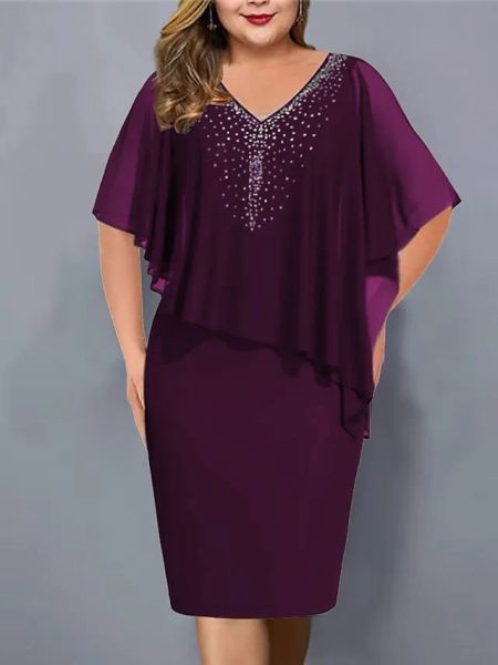 Vestido plus size verão moda chiffon quente diamante vestido feminino sólido decote em v manga curta lápis vestido elegante commuter ajuste vestido