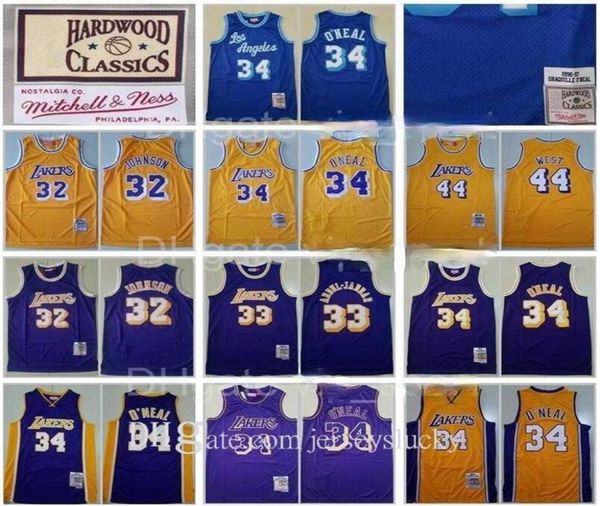 Mens 1996 Mitchell e Ness33 Kareem Abdul Jabbar Jersey 32 Johnson 34 Shaquille ONeal O Neal 44 Jerry West Amarelo Roxo Azul Thr5500953