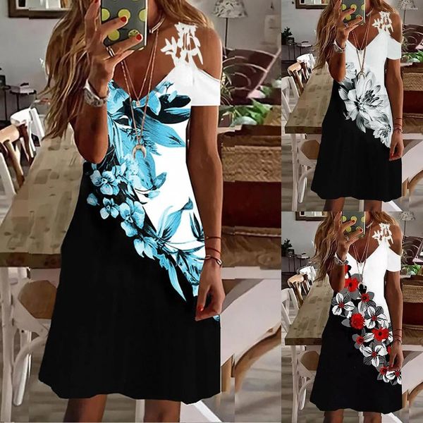 Lässige Kleider Elegantes, edles Rüschenkleid, bedruckt, vom Strand entfernt, Sommerkleid, Halsausschnitt für Frauen 2024, gerade, schwarz, lange Damenbekleidung