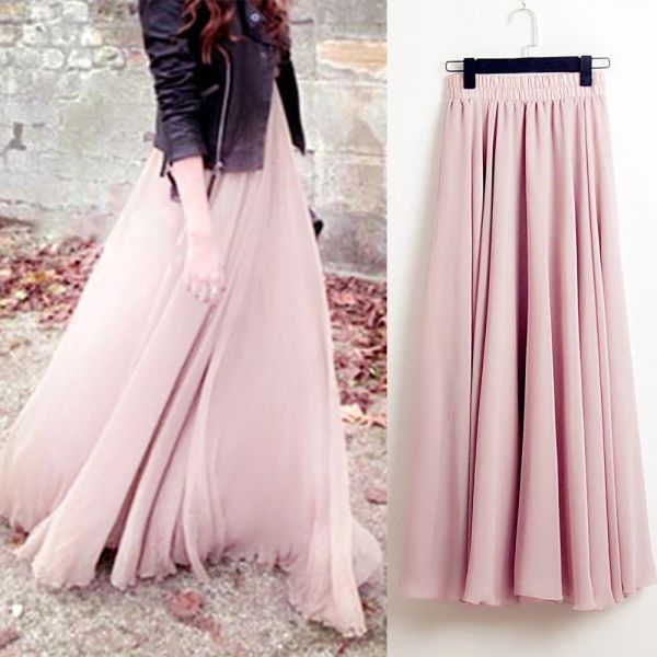 Skirt 2022 Boemia Signe lunghe Donne Allungano in alto in alto in alto in chiffon aline Solide Gonna a pieghe casual Maxi Skirt Faldas Saias Streetwear