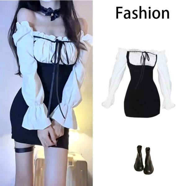 Kleid Kuzuwata Sexy Gefälschte Zweiteilige Schwarze Mini Kleid 2023 Sommer Neue Frauen Tasche Hüfte Langarm College Outfits Strand Club party Kleider