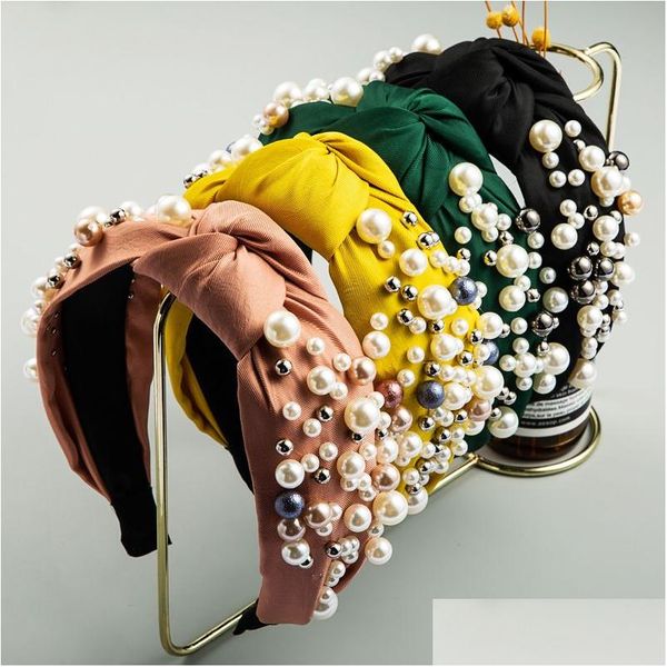 Faixa de cabeça de tecido com faixas de cabelo de pérola Mulheres Hoop Acessórios de moda Amarelo / Verde / Preto / Rosa Drop Delivery Produtos de cabelo Dh9Rf