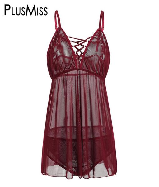 PlusMiss Плюс Размер Черный Сексуальный Babydoll Эротическое Секс-Нижнее Белье Платье Костюм Прозрачный Прозрачный Кукольный Сорочка Большой Размер Y14079554