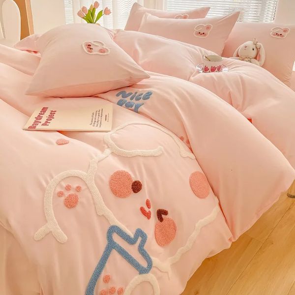 Nettes Cartoon Duck Rabbit Bären Aufkleber Kinderbettwäsche -Set Doppelbett große Bettdecke Abdeckblatt Kissenbezug Vierstück 240226