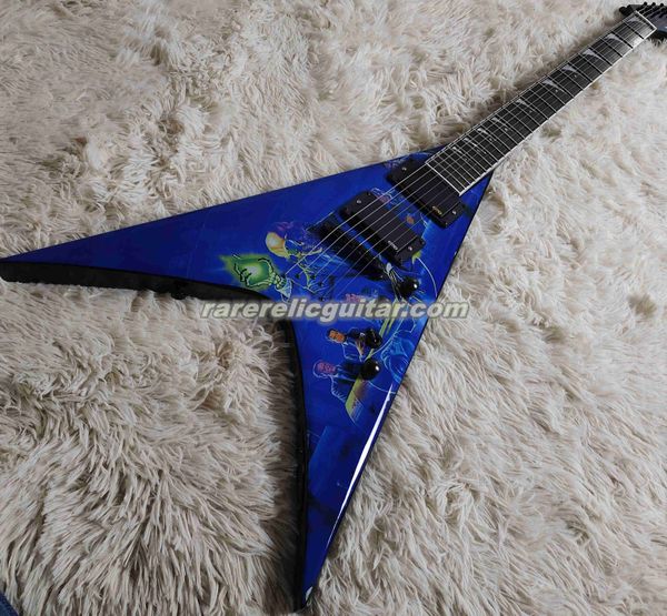 Disponibile DaveMustaine Mega Rust In Peace Chitarra elettrica Blue V Pickup Cina EMG Scatola batteria da 9 V Accordatori Grover Hardware nero Intarsio pinna di squalo Corda attraverso il ponte del corpo