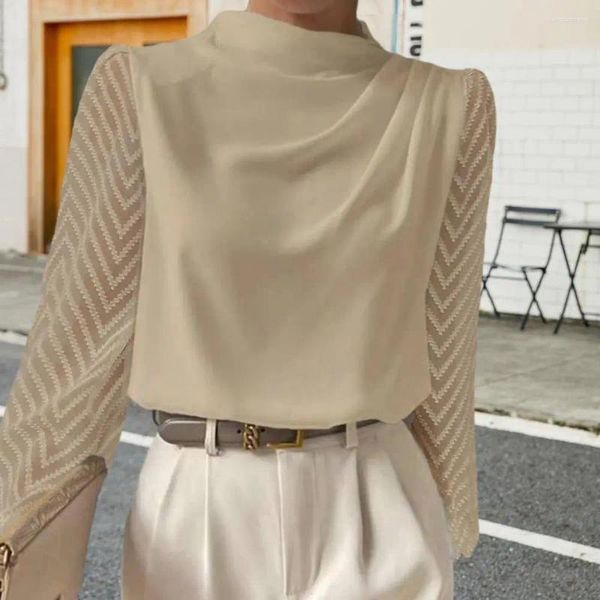 Blusas femininas camisa casual meia gola alta onda padrão chiffon blusa manga longa pulôver topos cor sólida solto ajuste