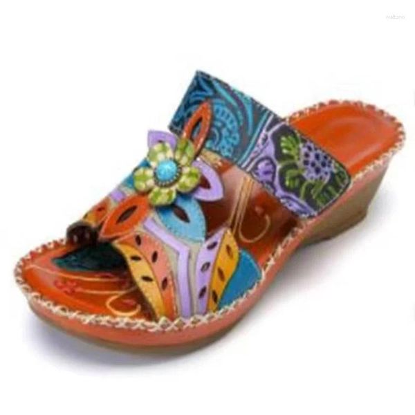 Hausschuhe 2024 Bohemian Echtes Leder Schuhe Frauen Sandalen Vintage Druck Wald Haken Schleife Keilabsatz Sommer