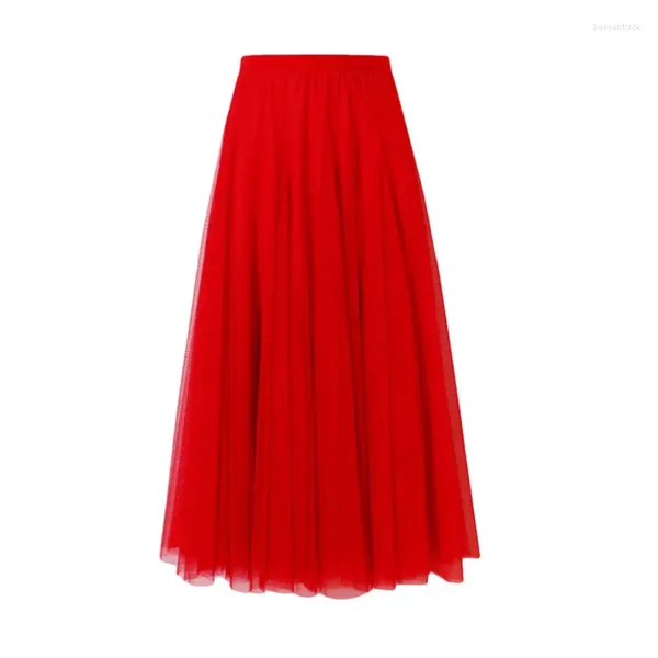 Röcke 2024 Frauen Mesh Elastische Hohe Taille Tutu Lange Rock Frühling Sommer Koreanische Mode Elegante Plissee Weiß Schwarz Rot Midi