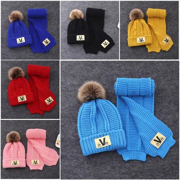 Beanie Kafatası Kapakları 2 PCS Eşarp Şapka Seti Çocuklar için Pompom ile Kızlar Kızlar 2-6 Yıl2128