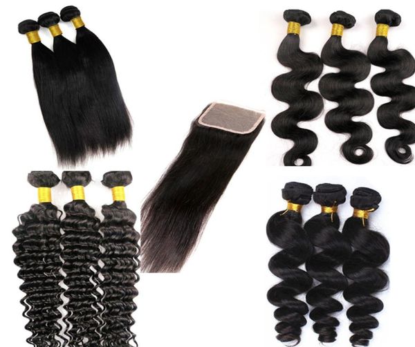 Fasci di capelli vergini brasiliani intrecciati con chiusura in pizzo Trame di capelli umani diritti dell'onda del corpo 100 capelli umani visone non trattati Extens4370323