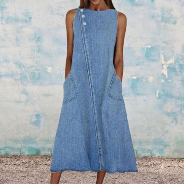 Vestidos casuais verão senhora denim vestido respirável cor sólida mulheres midi para uso diário