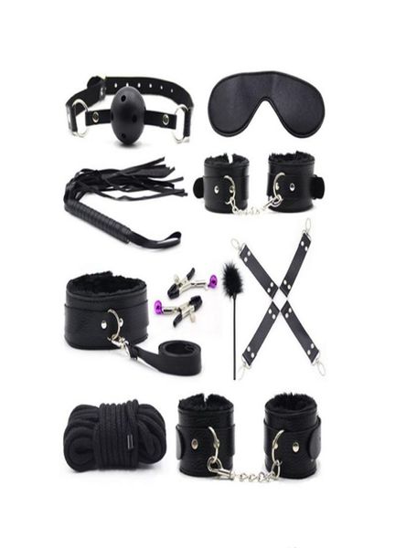 10 Pcsset Sexy Lingerie PU Couro Sexo Bondage Set Algemas de Mão Footcuff Chicote Corda Venda Erótica Brinquedos Sexuais Para Casais T2005116747193