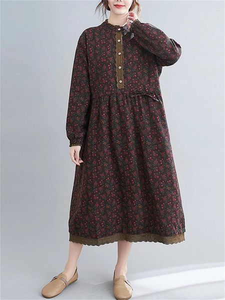 Casual Kleider 2024 Frühling Herbst Baumwolle Druck Vintage Für Frauen Langarm Mode Elegante Kleid Büro Dame Arbeit Kleidung