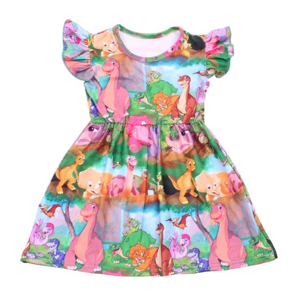 Kleider Neuankömmlinge Baby Girls Sommer bunte Dinosaurier -Druck -Kleidermilsilk Dinosaure Welt Kurzarm Kleidung Kids Boutique Kleidung Kleidung