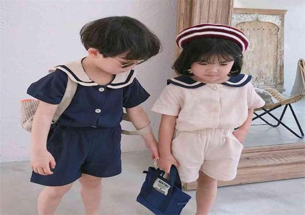 Estate stile coreano bambini colletto alla marinara cotone lino set di vestiti ragazzi ragazze maglietta pantaloncini 2 pezzi abbigliamento per bambini neonato 2108043918756