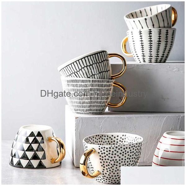 Canecas pintadas à mão cerâmica geométrica com alça de ouro copos artesanais para café chá leite aveia criativa gota de aniversário entregar dh0x2