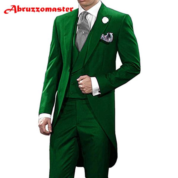 Abiti Abruzzomaster Abito da mattina verde Abito da uomo su misura giacca + gilet doppio petto + pantaloni per smoking da sposo Abito da sposo