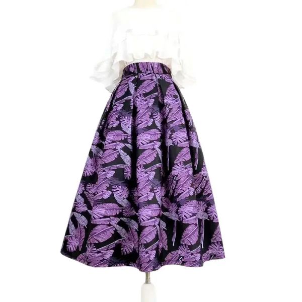 Платья весна-осень Хепберн винтажные женские элегантные фиолетовые листья с принтом жаккардовые с высокой талией длинная плиссированная юбка-миди офисная рабочая одежда
