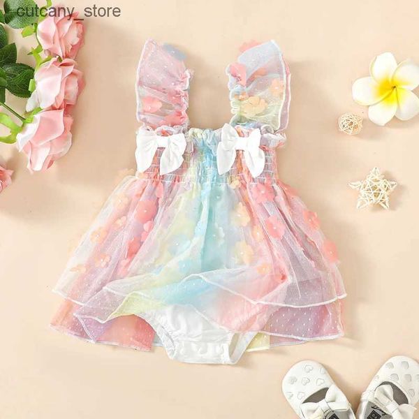 Комбинезоны для маленьких девочек, летняя одежда, комбинезон-пачка, платье с рюшами без рукавов и цветочным принтом, тюлевая юбка-бабочка, боди, платья принцессы L240307