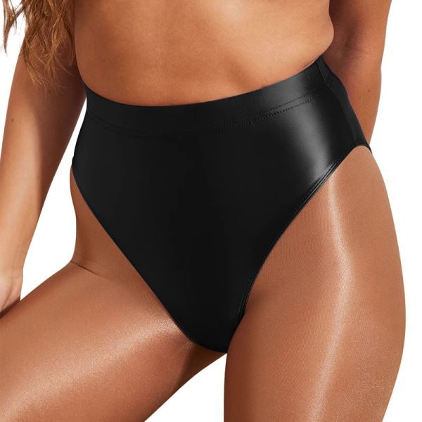 Mayo Kadın Seksi Gloss Briefs Bikiniler Sıkı Yüksek Belli Çatal Elastikiyet Kalça Kalça Kalça Yüzme Sandıkları Yağlı Pürüzsüz Erkekler