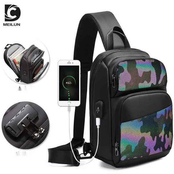 Borsa da petto da uomo antifurto USB moda borsa da spalla colorata riflettente luminosa da uomo borsa a tracolla impermeabile 030724a