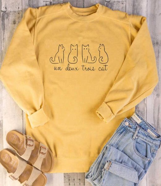 Un Deux Trois Cat Crewneck Sweatshirt Damen Four Cats Graphic Harajuku Hoodie Langarm Pullover Gelb Kleidung Drop T2004117198614