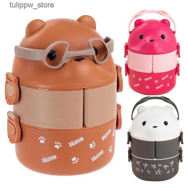 Bento Boxes Japonês-St-yle Lancheira Com Colher À Prova de Vazamento Grande Capacidade Empilhável Cute Bear Design Dupla Camada Bento Box Para Comida Quente L240307