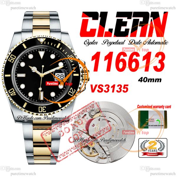 40mm 11661 VS3135 Orologio automatico da uomo Clean CF V5 Lunetta in ceramica bicolore oro giallo quadrante nero Bracciale in acciaio inossidabile 904L Super Edition Stessa serie Card Puretime