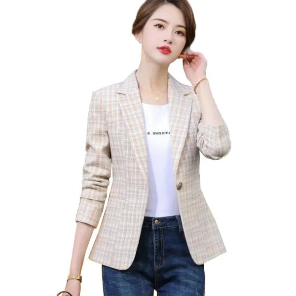 Пиджаки в клетку, короткий пиджак, женский короткий тонкий пиджак, весна-осень 2021, новый маленький костюм в корейском стиле, женский пиджак, абрикос 32