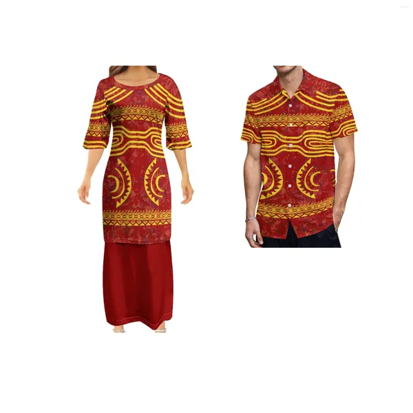 Partykleider 2024 Designer Custom Crew Neck Samoan Puletasi Tatau Pattern Maxi Dress Polynesian Womens Clothing Match Mens Shirts