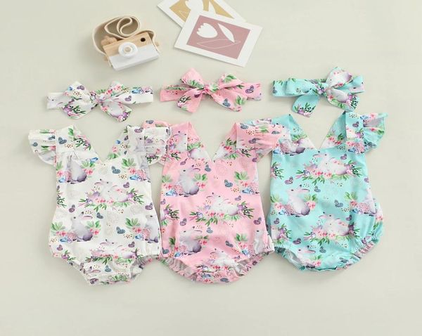 Ostern Neugeborenen Baby Strampler Stirnband 2 Stück Sommer Overall Kaninchen Druck Säugling Mädchen Prinzessin Onesies Body Kleidung8577498