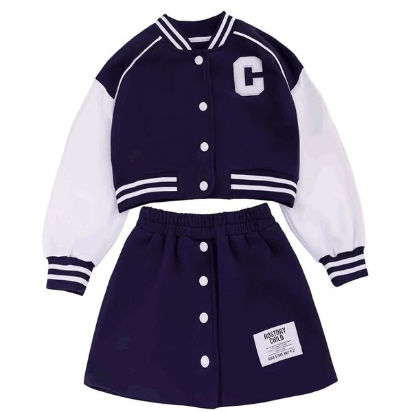 Junior Kinder Baseball Uniform Anzug Mädchen Mode Spleißen Brief Jacke Kurzen Rock 2 Stück Schule Kleidung Trend 240307