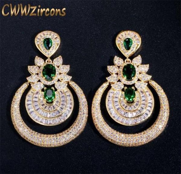 CWWZircons Dubai 18 Karat Gelbgold Vintage Modeschmuck Grüner Smaragd Lange große Tropfen Hochzeit Party Ohrringe für Frauen CZ457 2201086167665