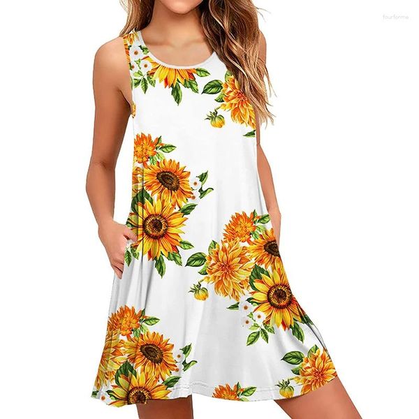 Freizeitkleider Damen Sommer ärmellose Röcke Sonnenblume bedruckt Rundhalsausschnitt große Weste Kleid Hawaii Strand Sommerkleider