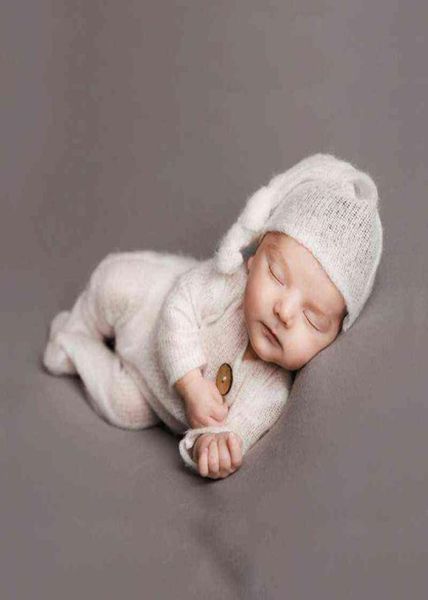 2 pçs mohair bebê macacão chapéu conjunto recém-nascido pogal adereços malha lã bodysuit cauda longa boné kit infantil traje t22072737316701979981