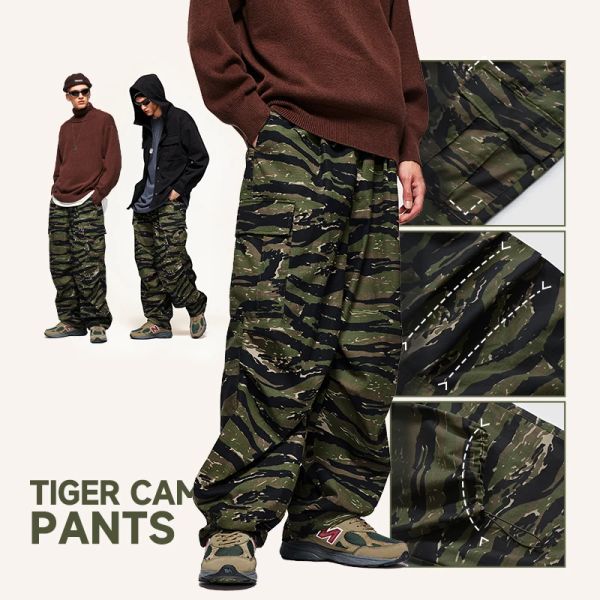 Calça inflação clássica camuflagem calça de perna larga Men 2023 Moda Tiger Pattern Casual Camar Troushers