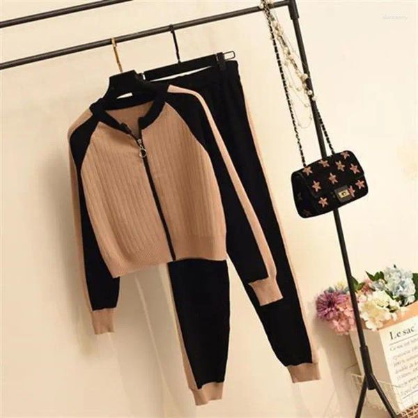 T-shirt da donna Casual Maglione in due pezzi Cardigan Giacca Donna Autunno Abito lavorato a maglia da donna Moda Baseball Sport Zip Top e pantaloni Set