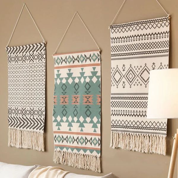 Tapeçaria boêmia macrame tapeçarias de parede decoração de casa algodão linho borla artesanal tecido geométrico lona arte fundo tapeçarias 240304