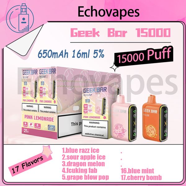 Orijinal geek bar 15000 puf tek kullanımlık e sigara 16ml pod pil şarj edilebilir elektronik cigs puflar 15k 17 lezzetler% 5 mukavemetli vape kalem