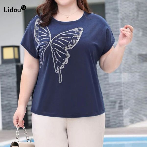 Tops Mode Royal Blue Plus Size Pullover Tops Sommerkleidung für Frauen Diamanten Spleißen Schmetterling Kurzarm Lose T -Shirt Trend