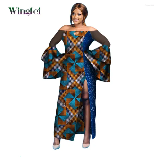 Этническая одежда Dashiki африканские женские платья Boubou с расклешенными рукавами и разрезом макси длинная женская вечерняя одежда WY2970